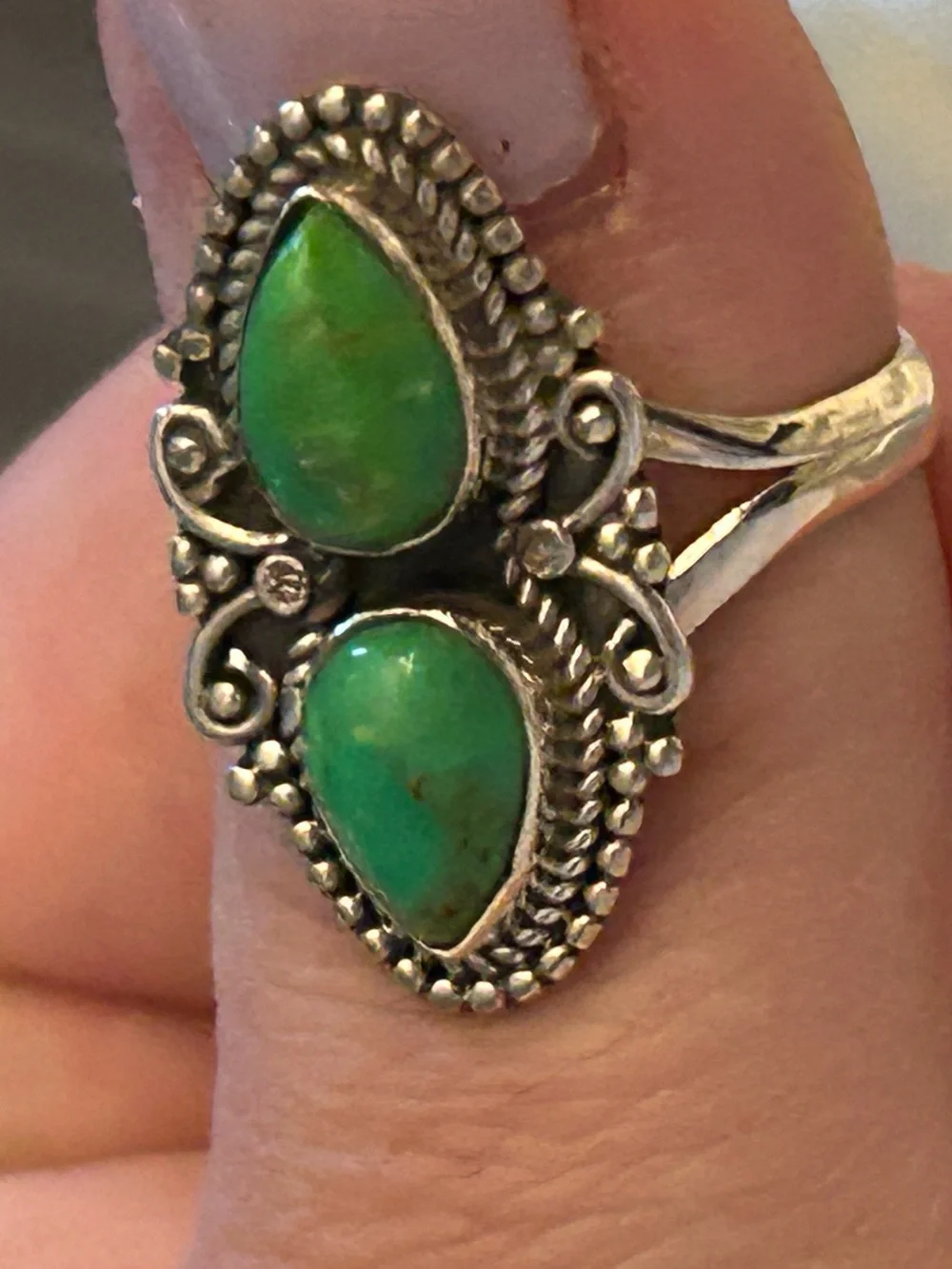 Sterling Silver Green Mojhave Double Teardrop Ring size 8.5 - Picture 4 of 8